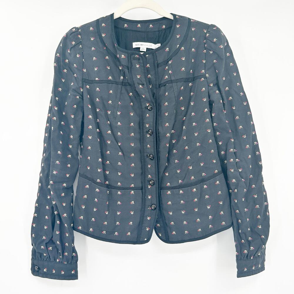See By Chloe Womens Geometric Embroidered Wool Blend Button Down Jacket Size 6‎